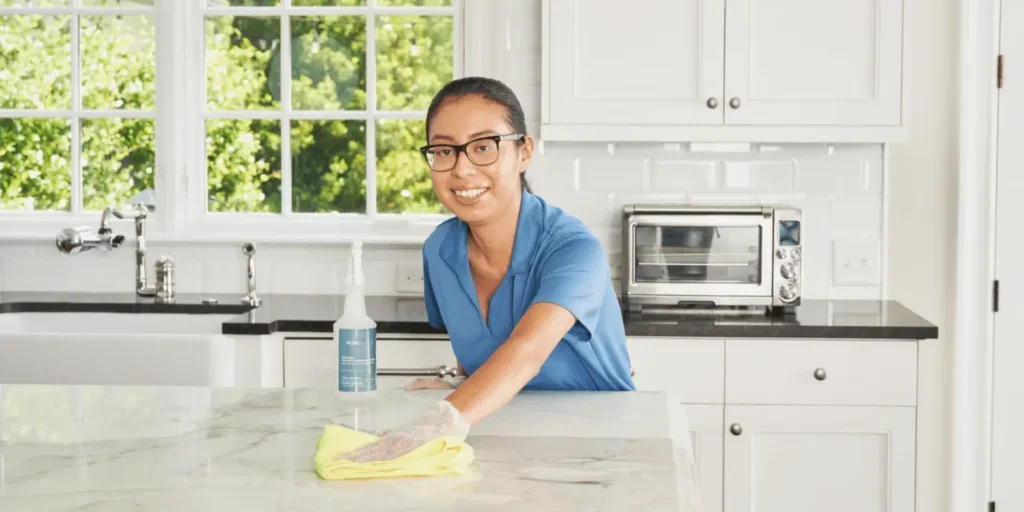 cleaning a large marble countertop