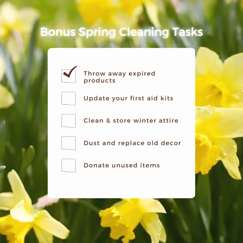 Infographic titled 'Bonus Spring Cleaning Tasks' with a checklist of five tasks: Throw away expired products, update your first aid kits, clean and store winter attire, dust and replace old decor, and donate unused items.